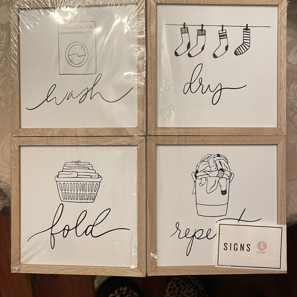 Laundry Room Wall Art Set – Neutral Wood Frame "Wash Dry Fold Repeat"